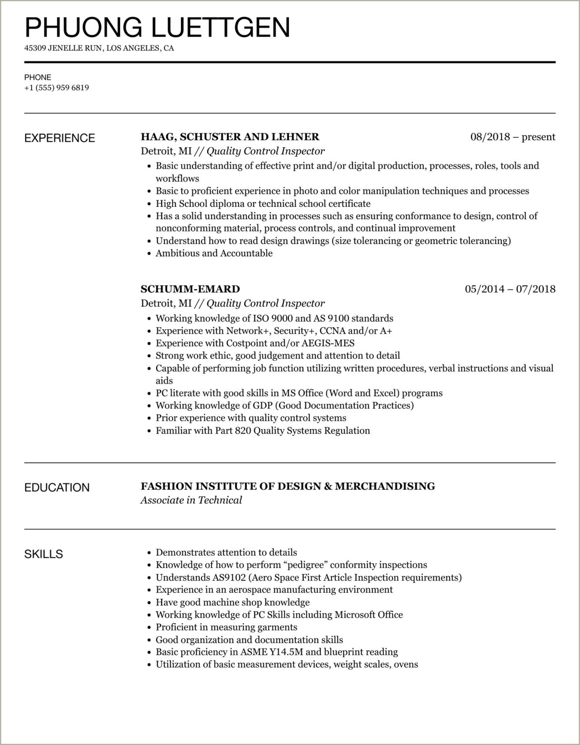 Ipc Aerospace Manufacturing Inspector Resume Examples