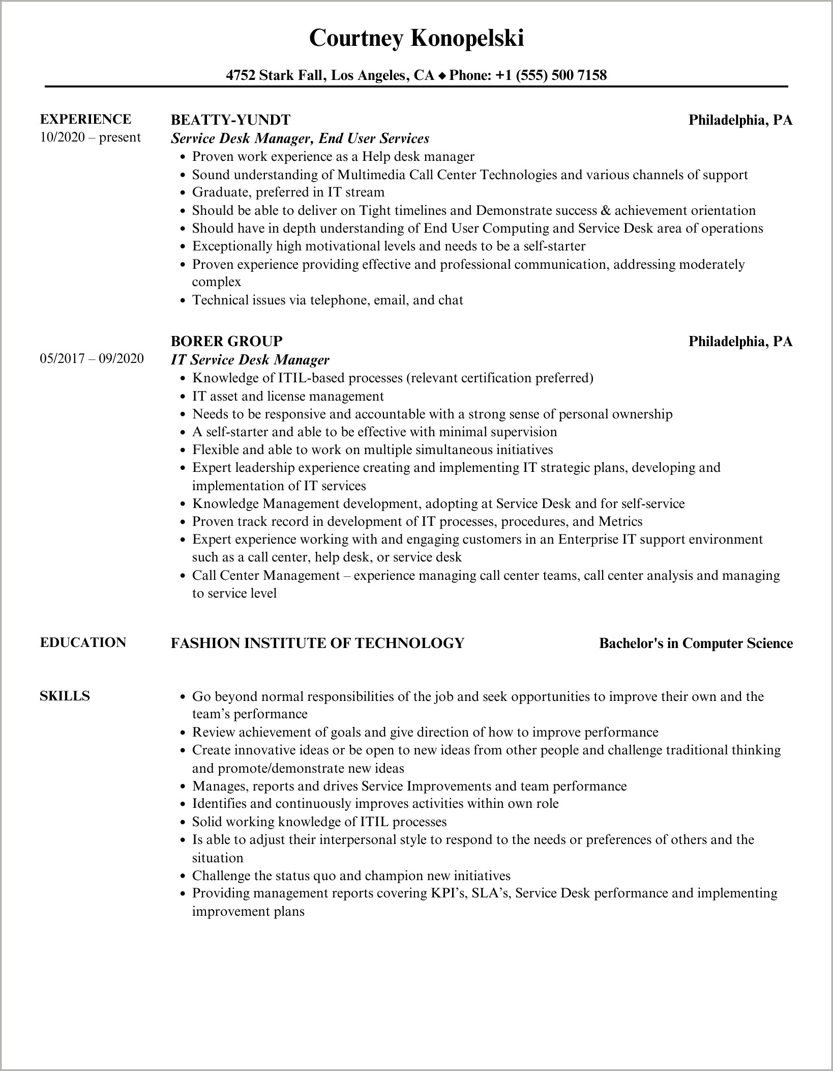 It Help Desk Manager Resume Template