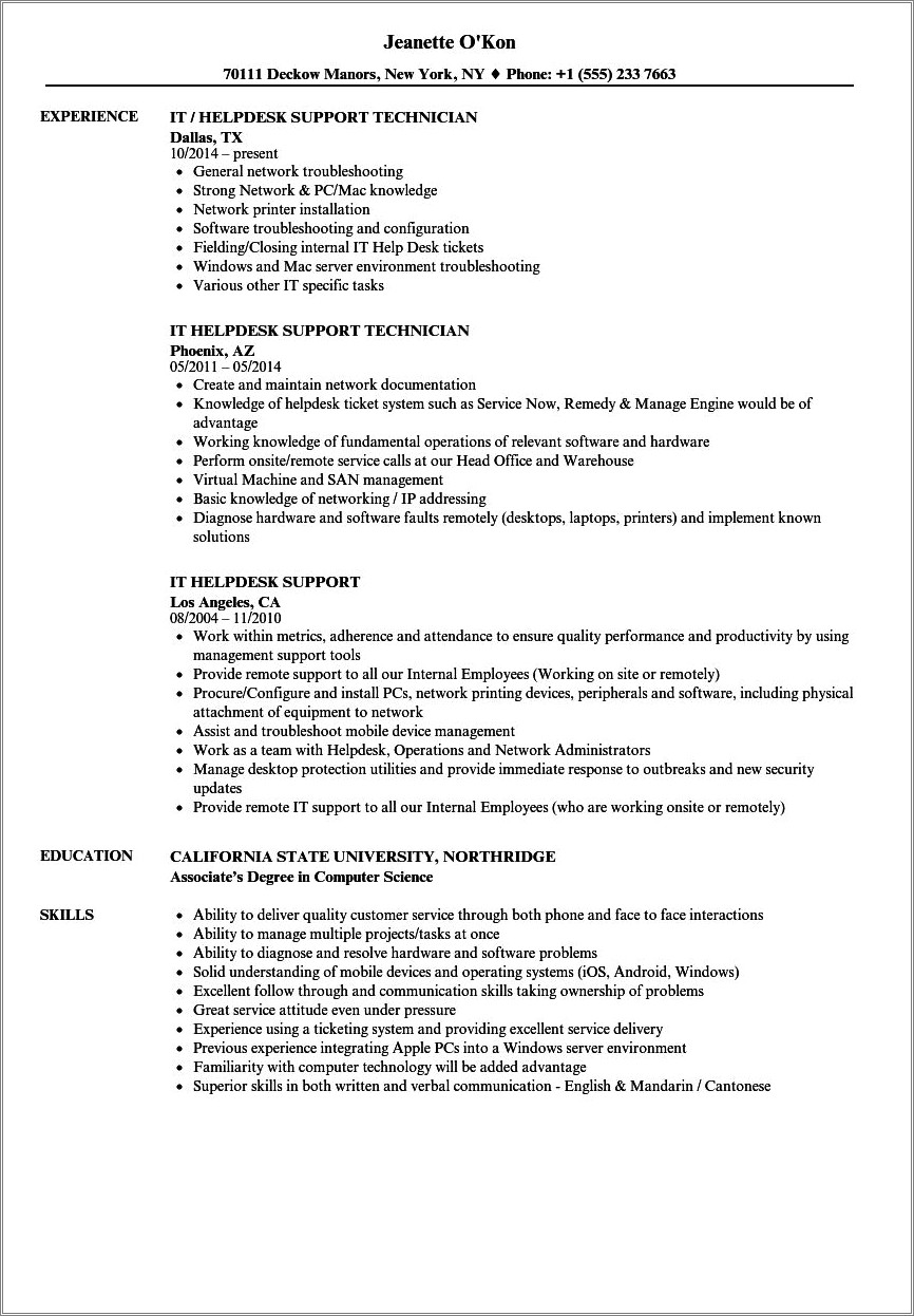 It Help Desk Support Great Resume Examples