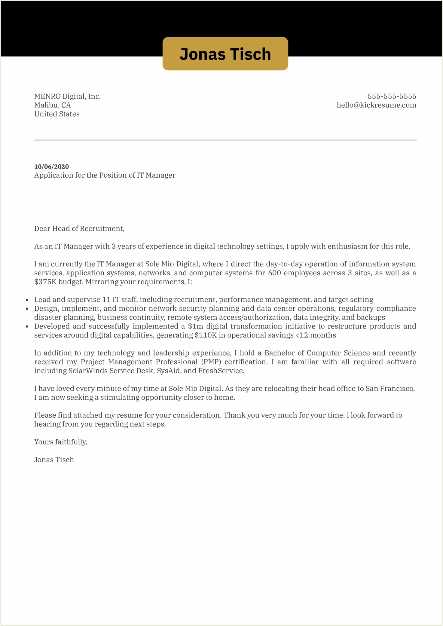 It Manager Cover Letter For Resume