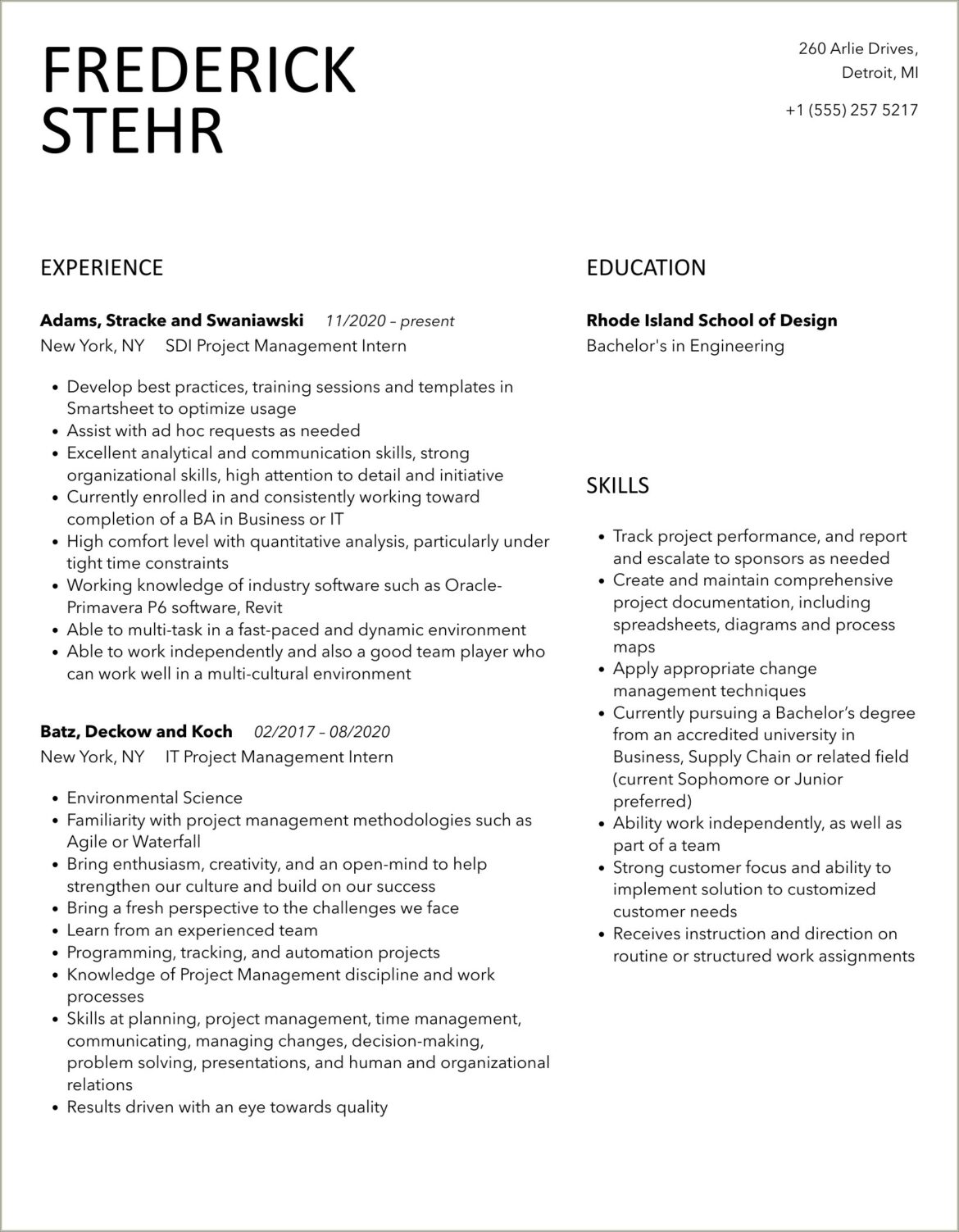 It Project Management Intern Resume Sample