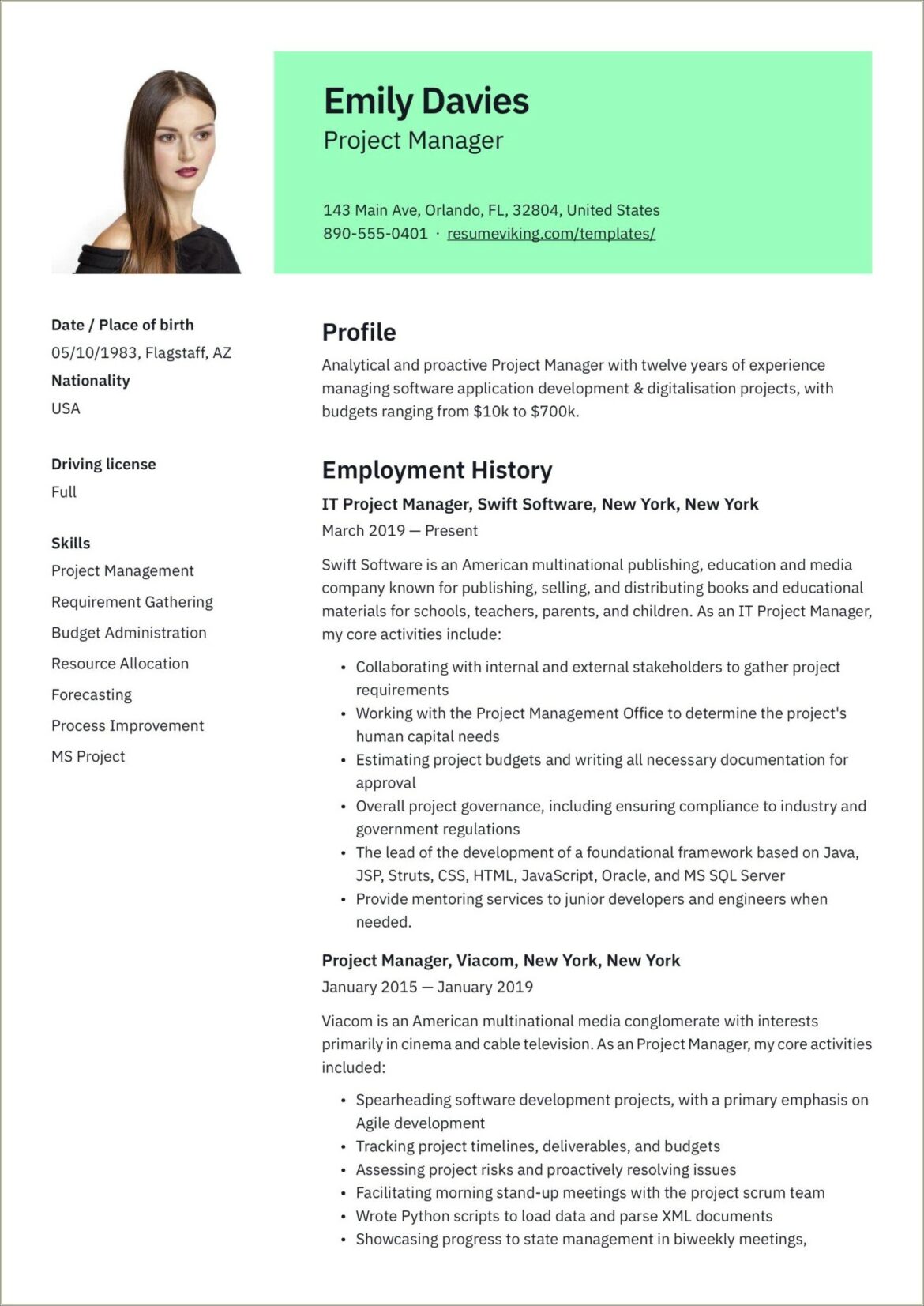 It Project Manager Resume Template Free Download