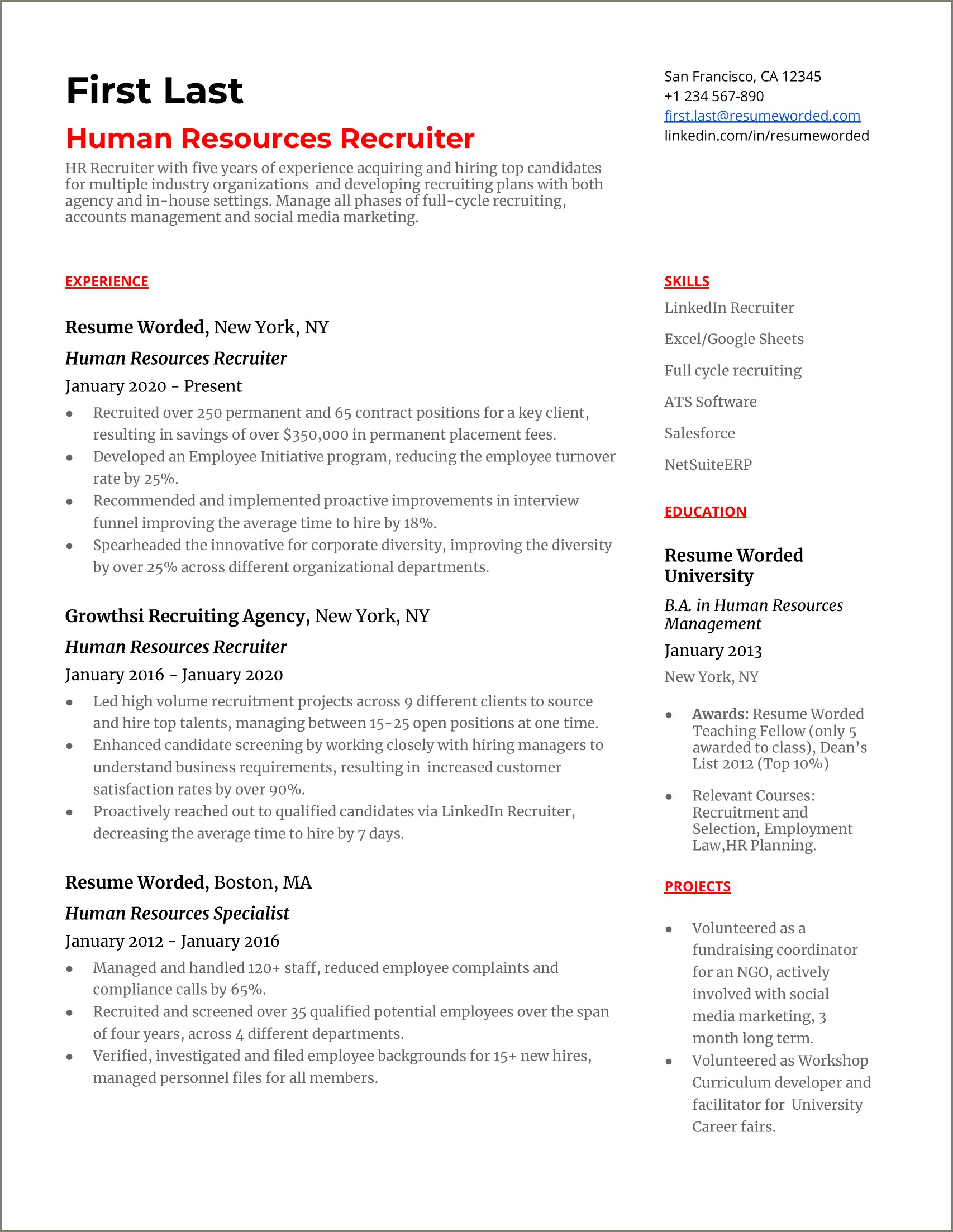 It Recruiter Resume For 1 Year Experience