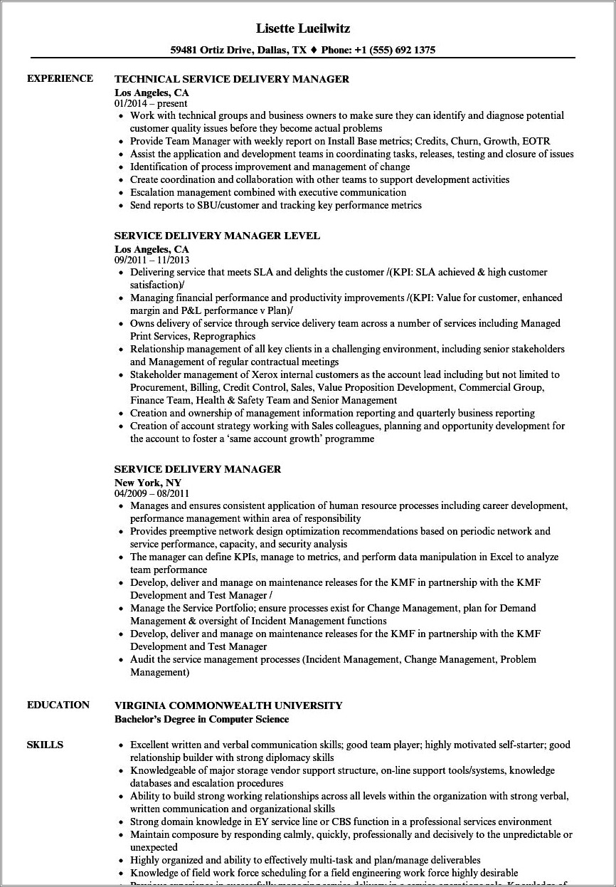 It Service Delivery Manager Resume Template