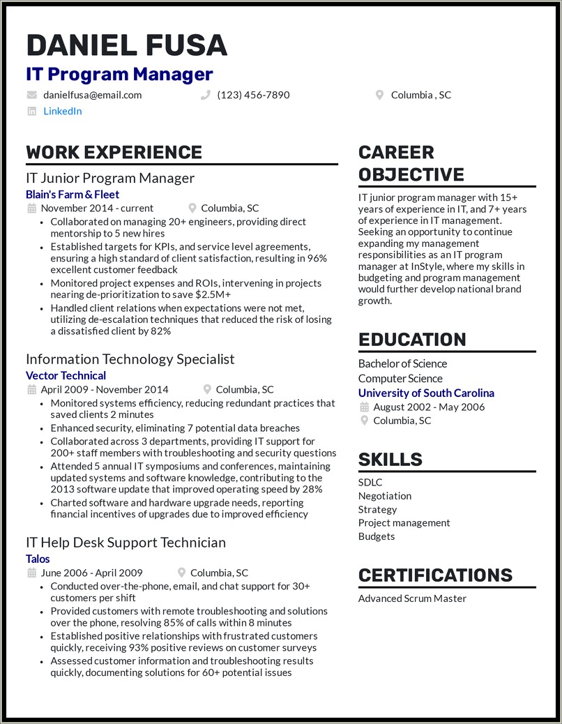 It Service Desk Manager Sample Resume