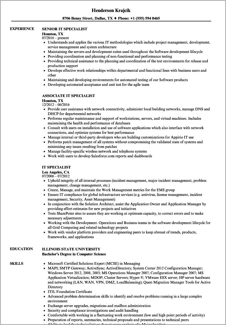 It Specialist Custspt Federal Resume Example