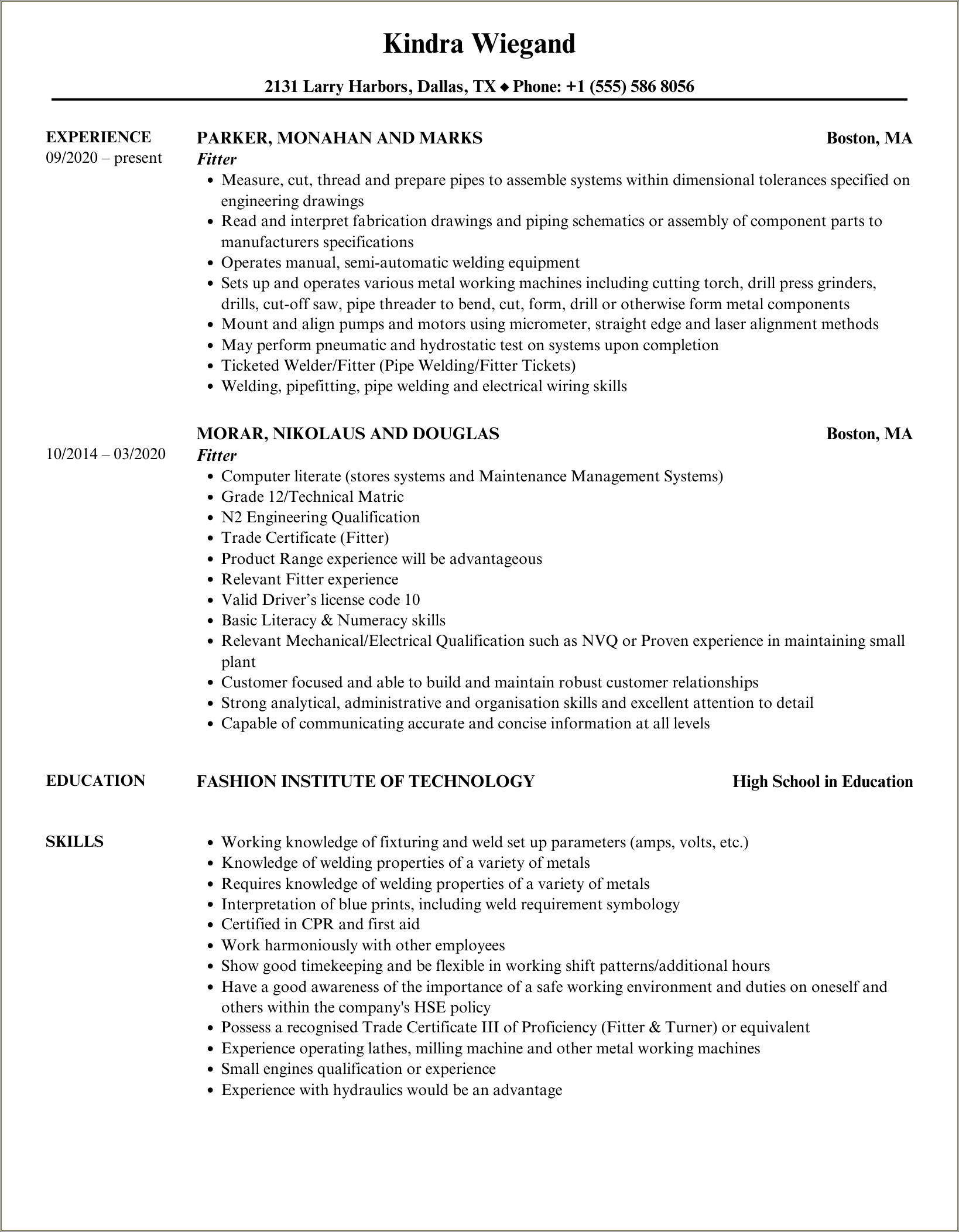Iti Fitter Experience Resume Format Word
