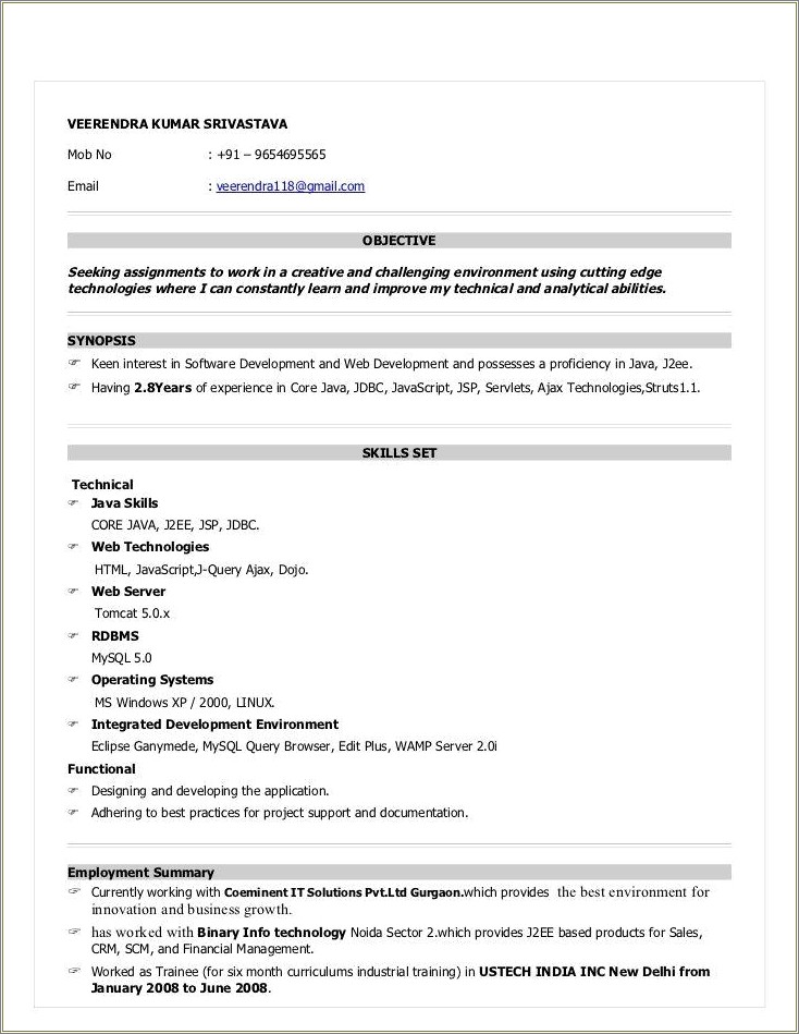 Java 1 Year Experience Resume Format
