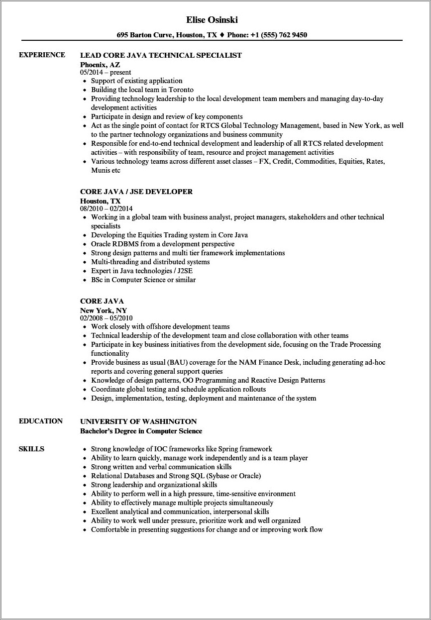 Java 2 Years Experience Resume Formats