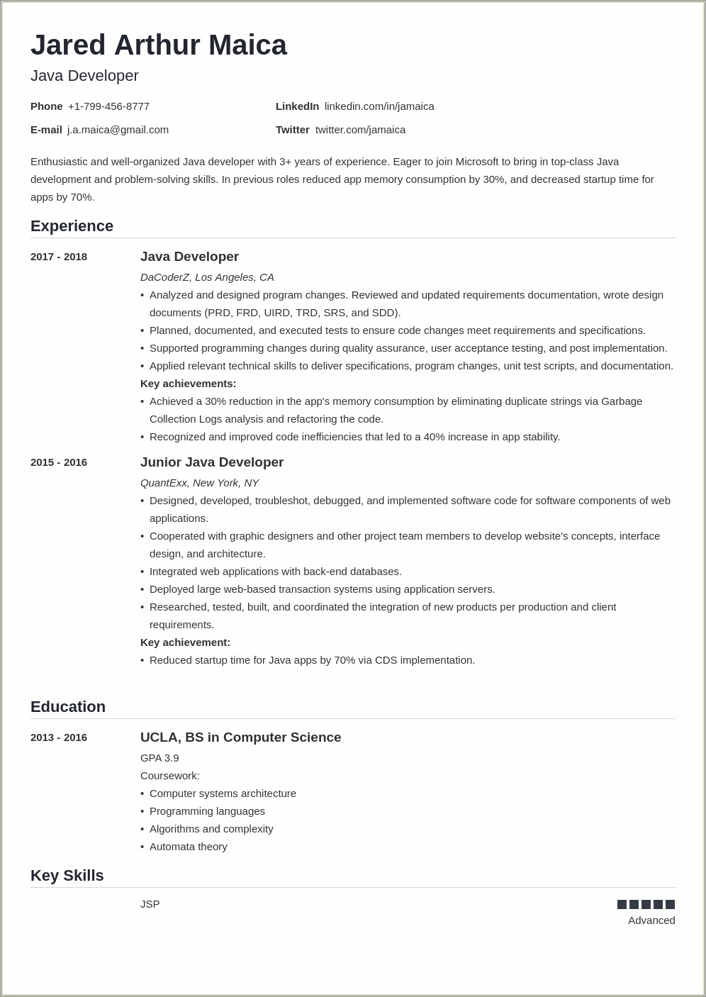 Java Developer 1 Year Experience Sample Resume