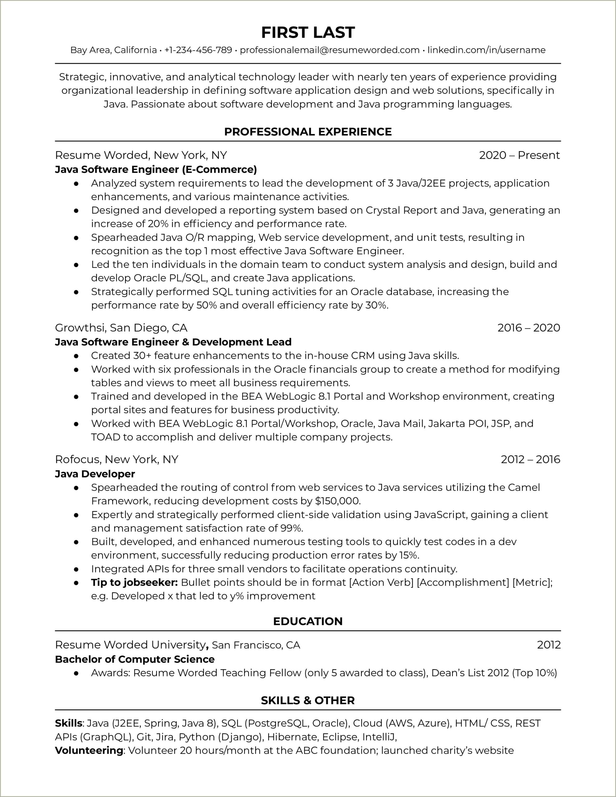 Java Developer 10 Years Experience Resume