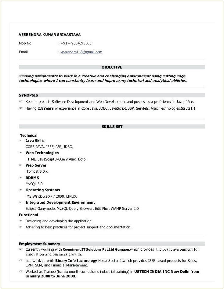 Java Developer Resume 6 Months Experience