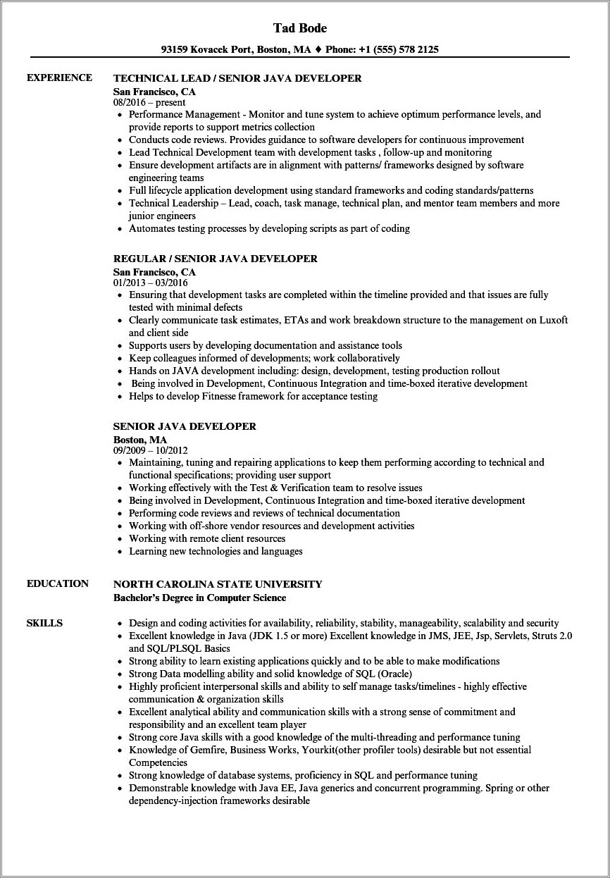 Java Developer With Sfx Experience Resume