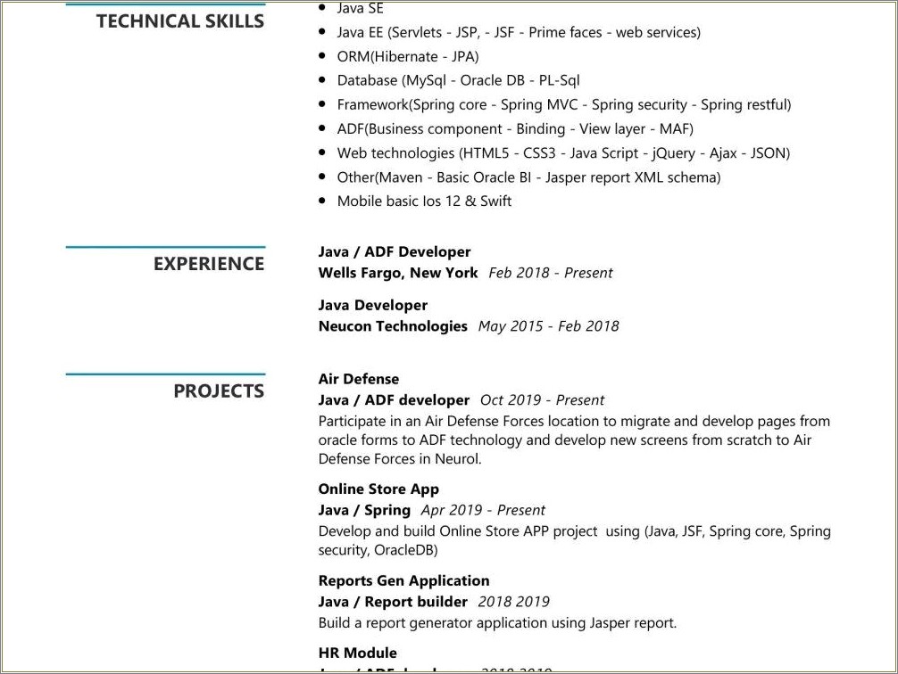 Java Developer With Sql Experience Resume