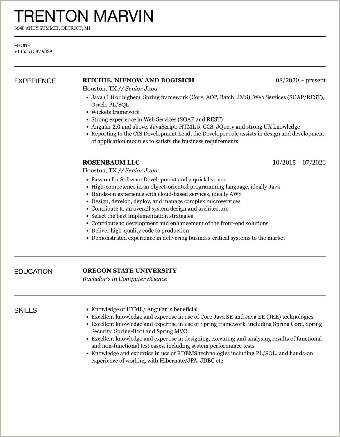 Java Resume Roles And Responsibilities Sample