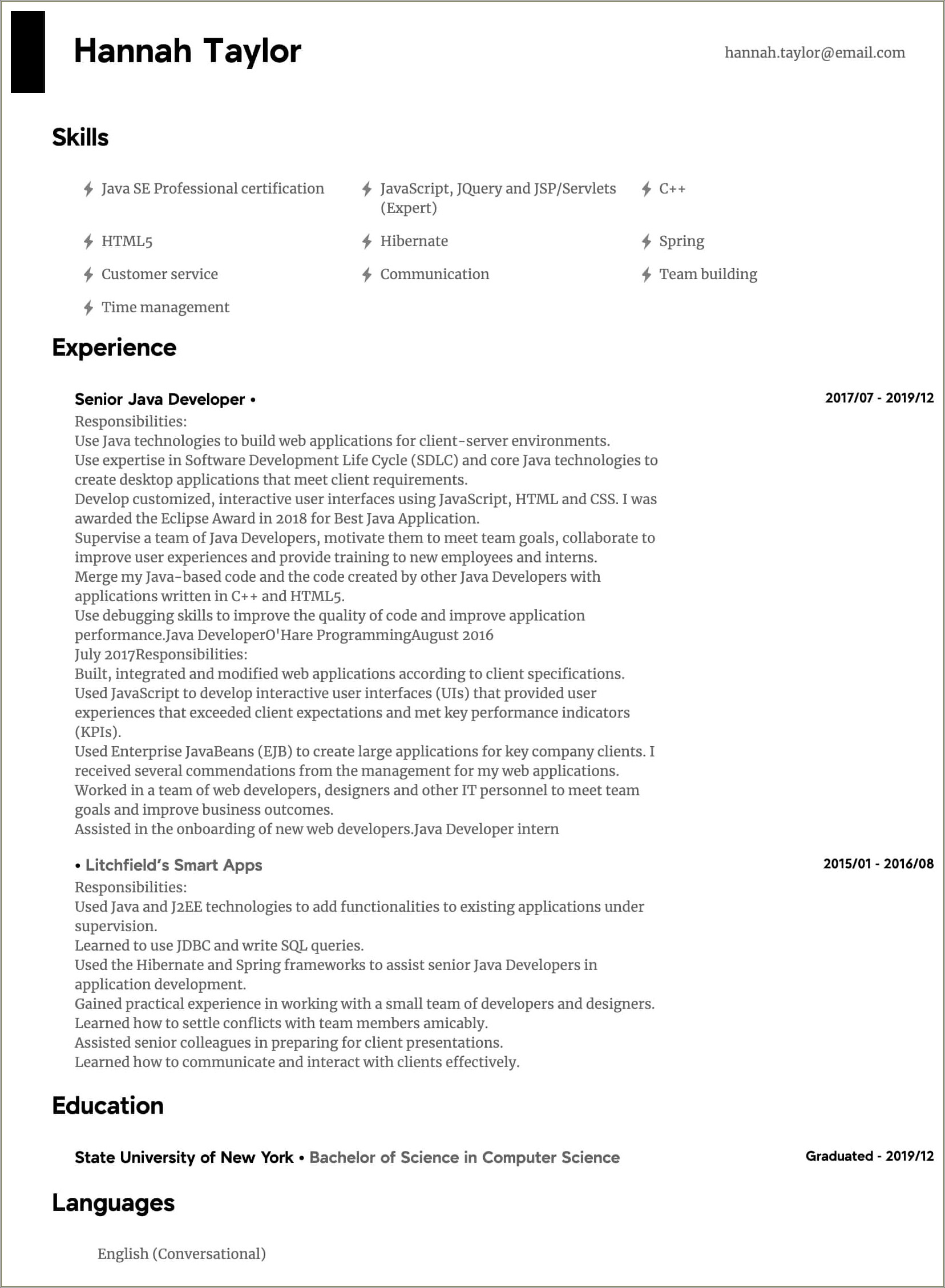 Java Resume With Spring 2 Years Experience
