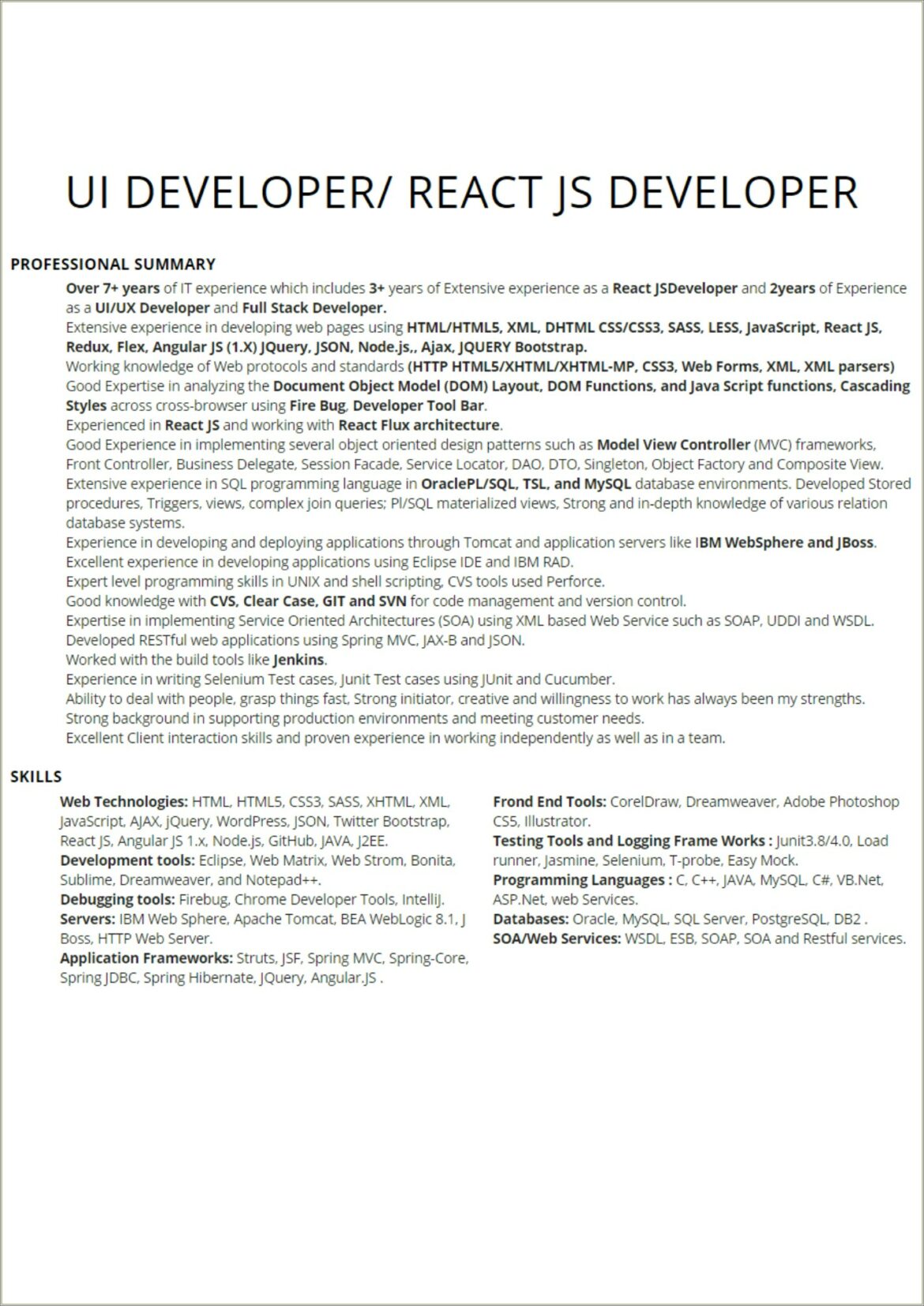 Java Spring Mvc Developer Resume Sample