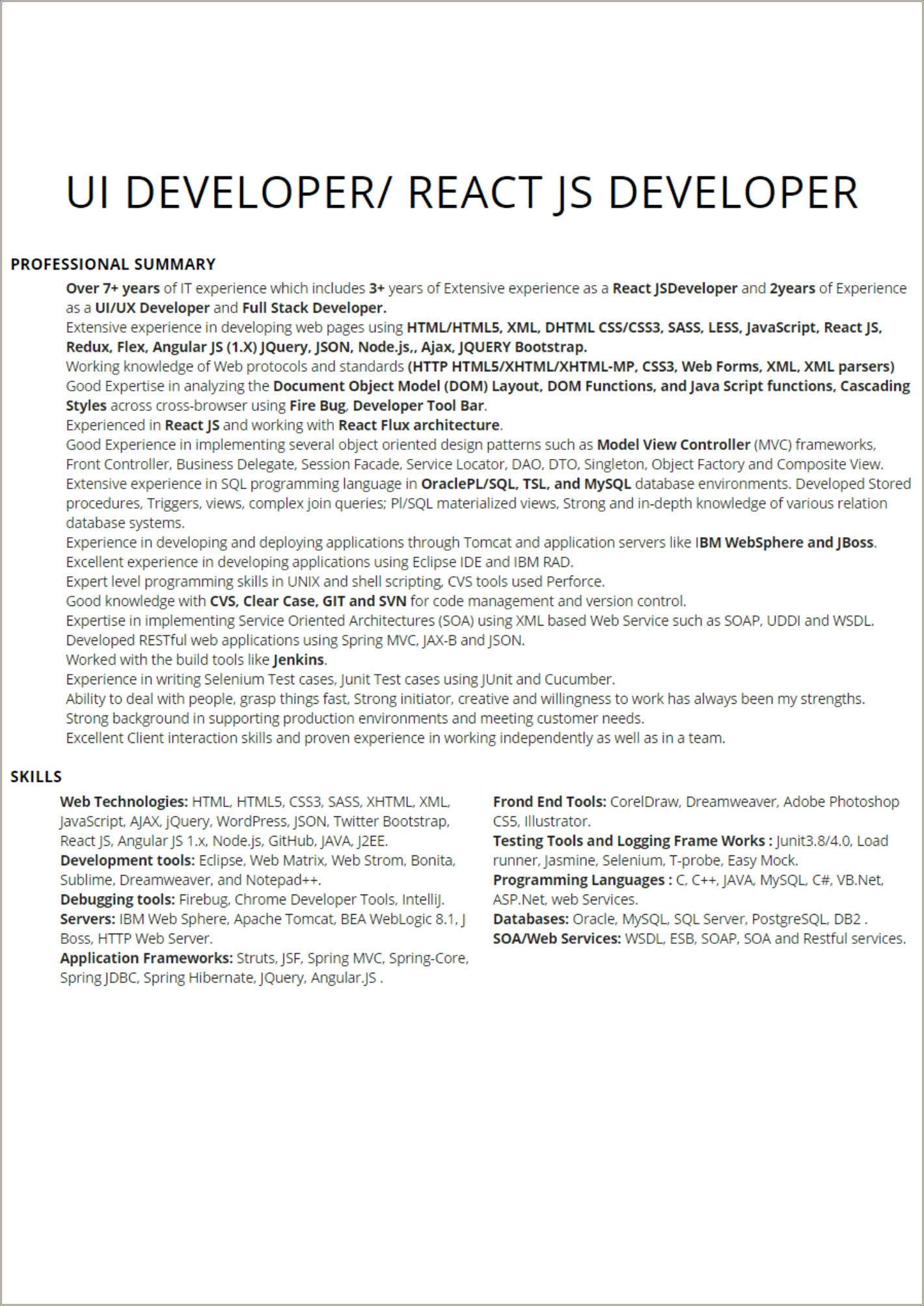 Java Spring Mvc Developer Resume Sample
