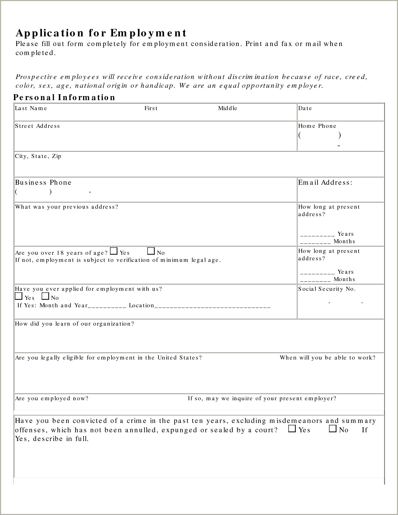 Job Application Printable Blank Resume Form