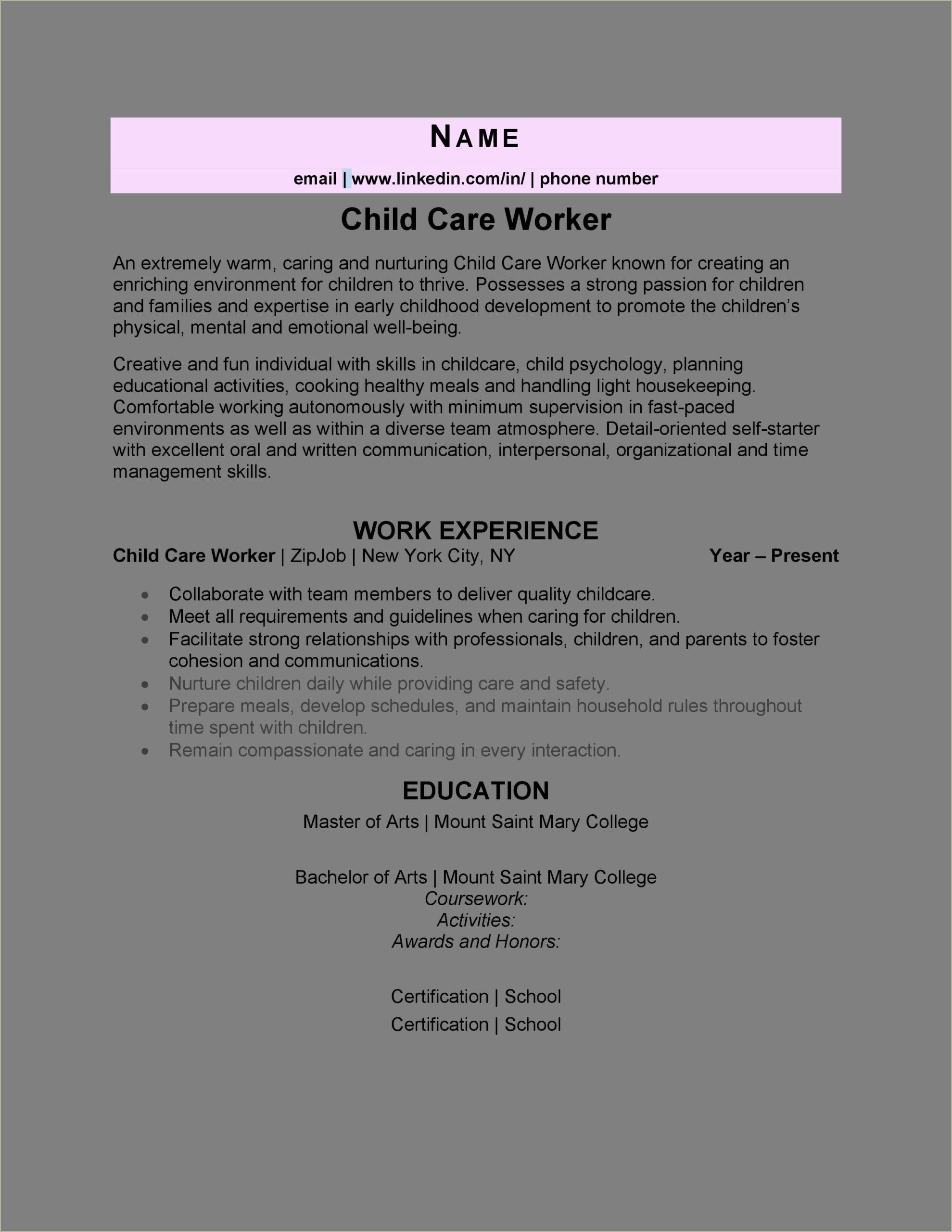 Job Description Day Care Worker Resume