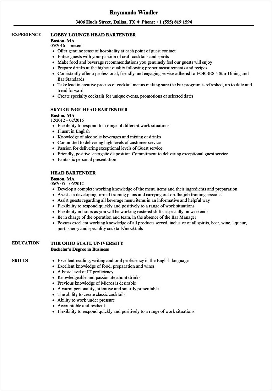 Job Description For A Bartender On Resume