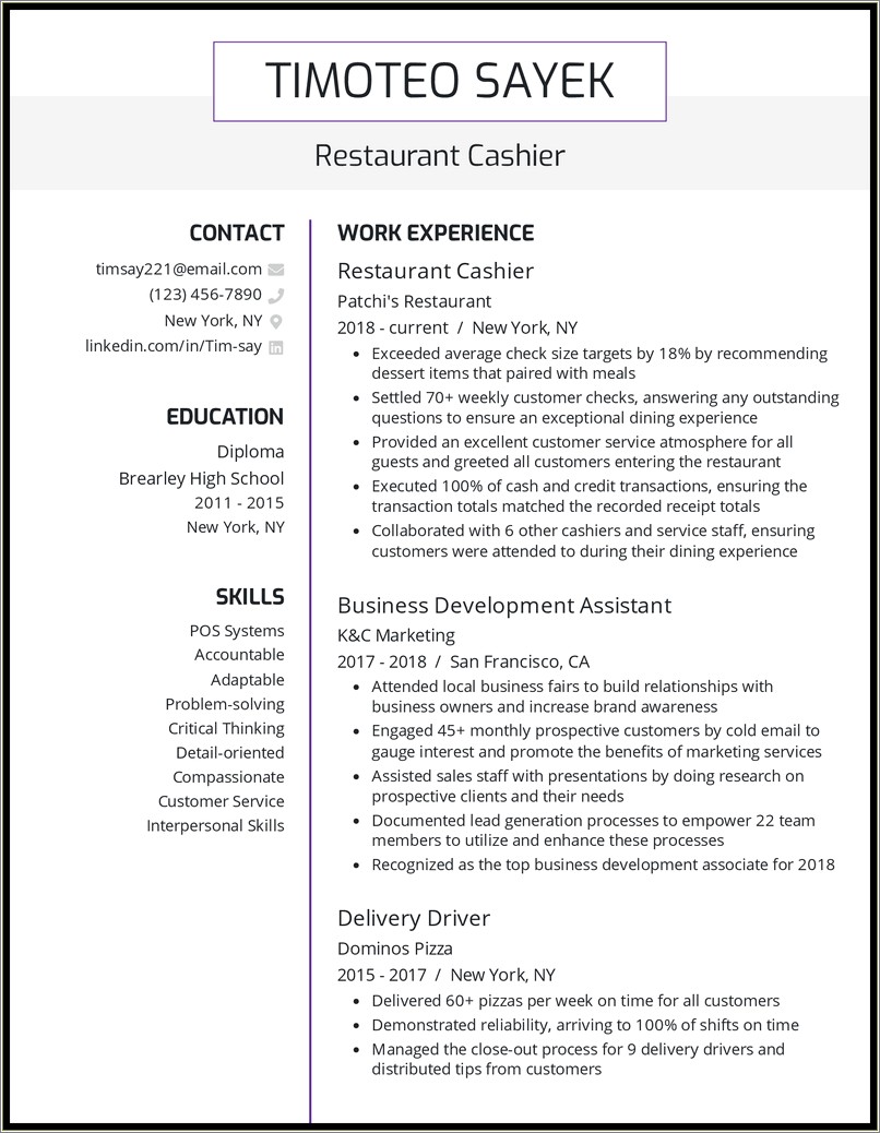 Job Description For A Cashier On A Resume
