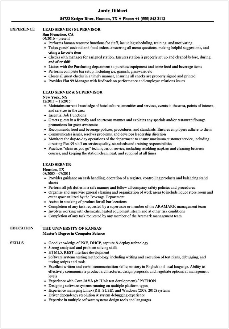 Job Description For A Server On A Resume