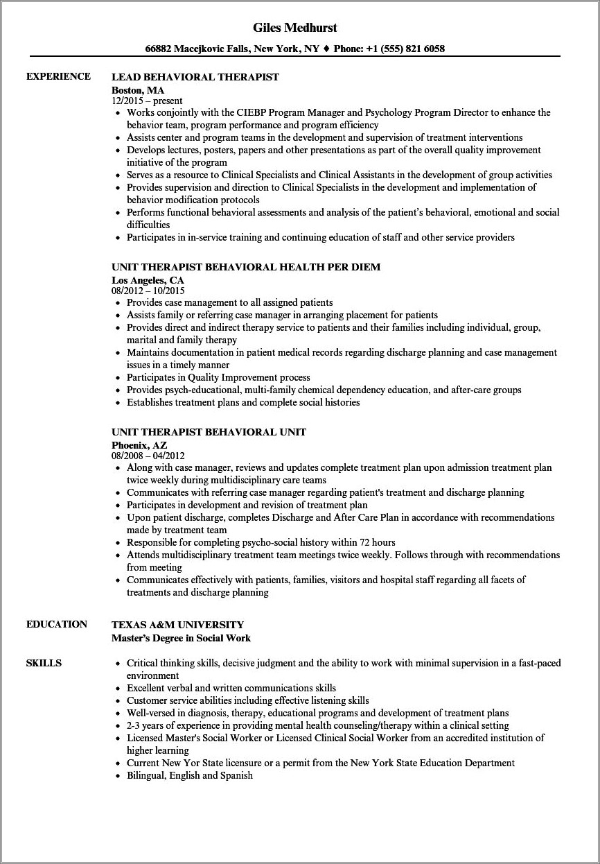 Job Description For Aba Behavioral Therapist Resume