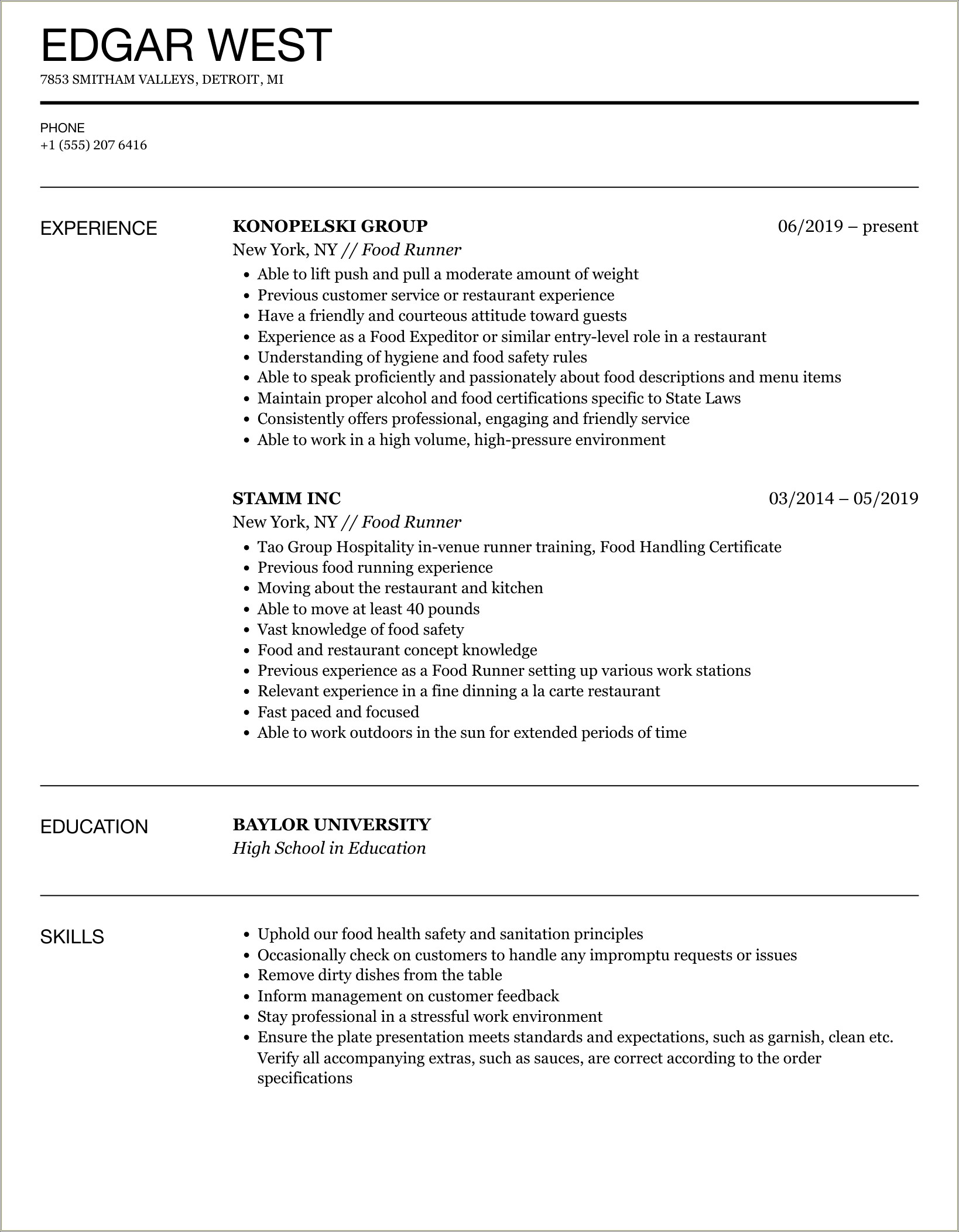 Job Description For Busser On Resume