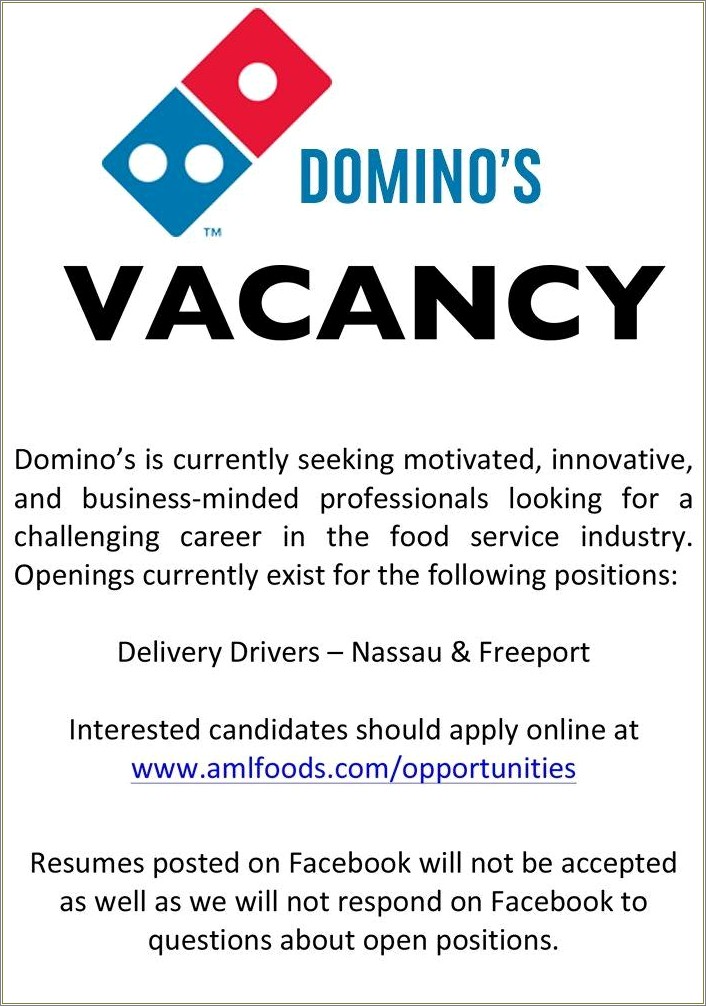 Job Description For Domino's Pizza Resume