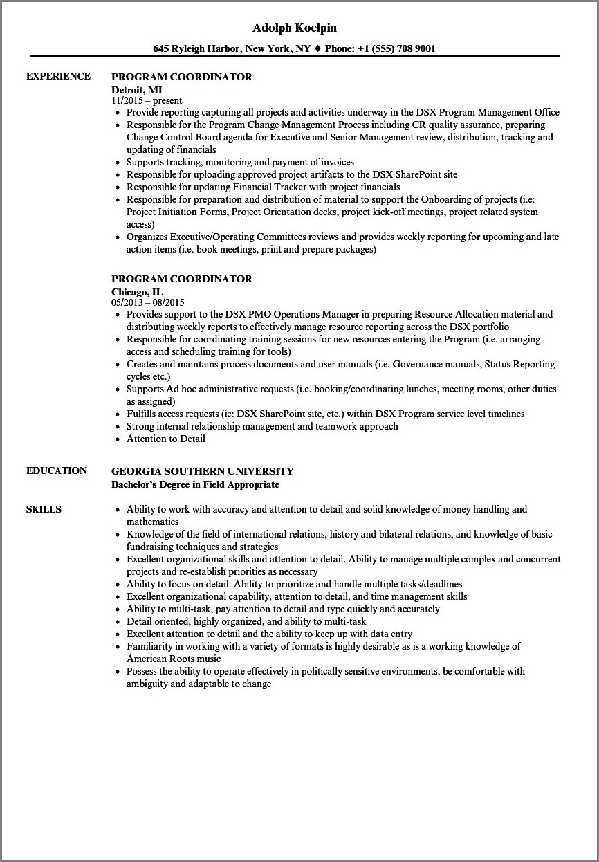 Job Description For Education Coordinator Resume