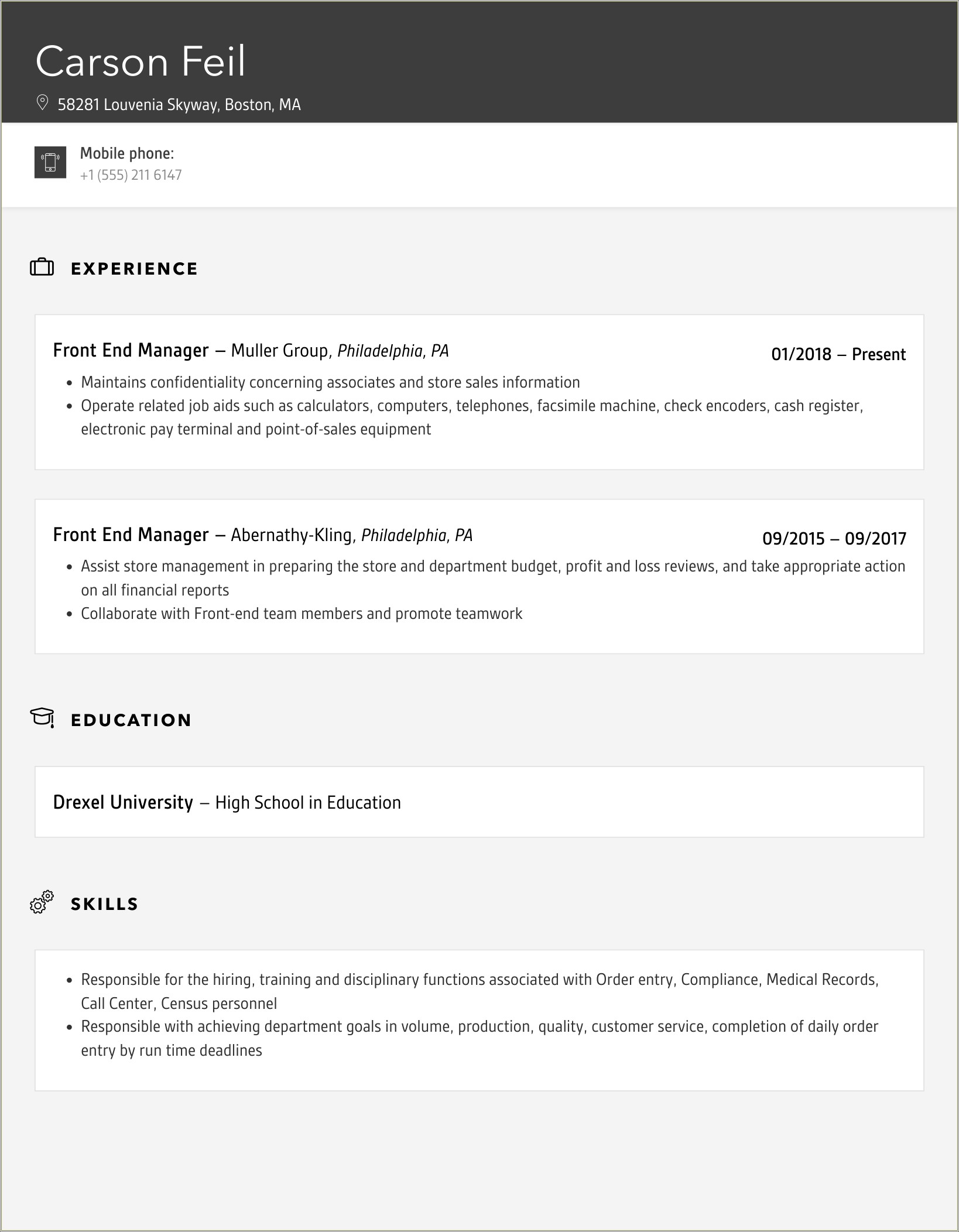 Job Description For Front End Manager For Resume