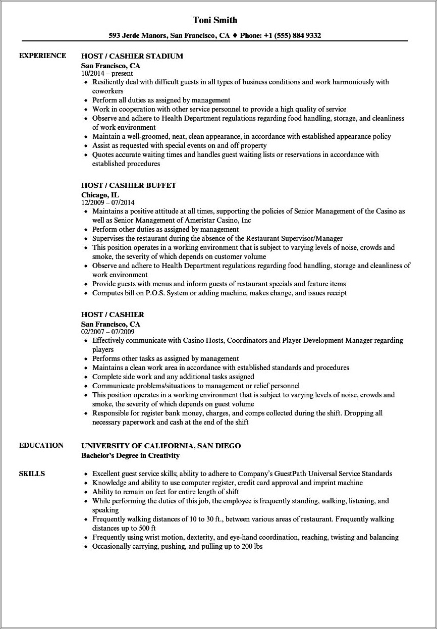 Job Description For Hostess For Resume