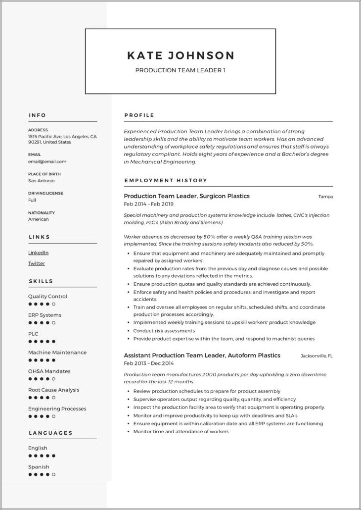 Job Description For Manufacturing Lead For Resume