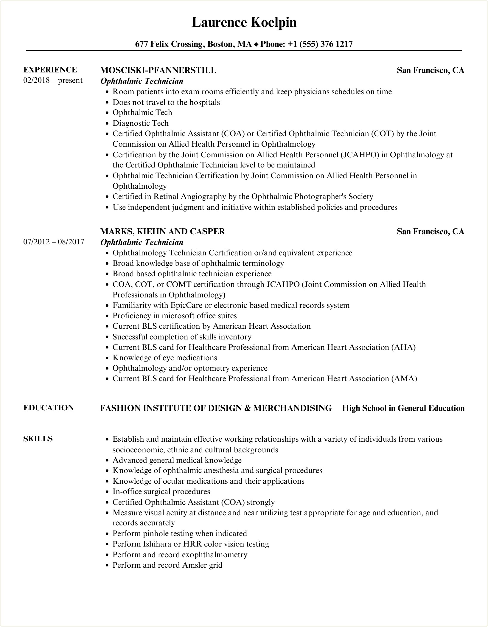 Job Description For Optometric Technician For Resume