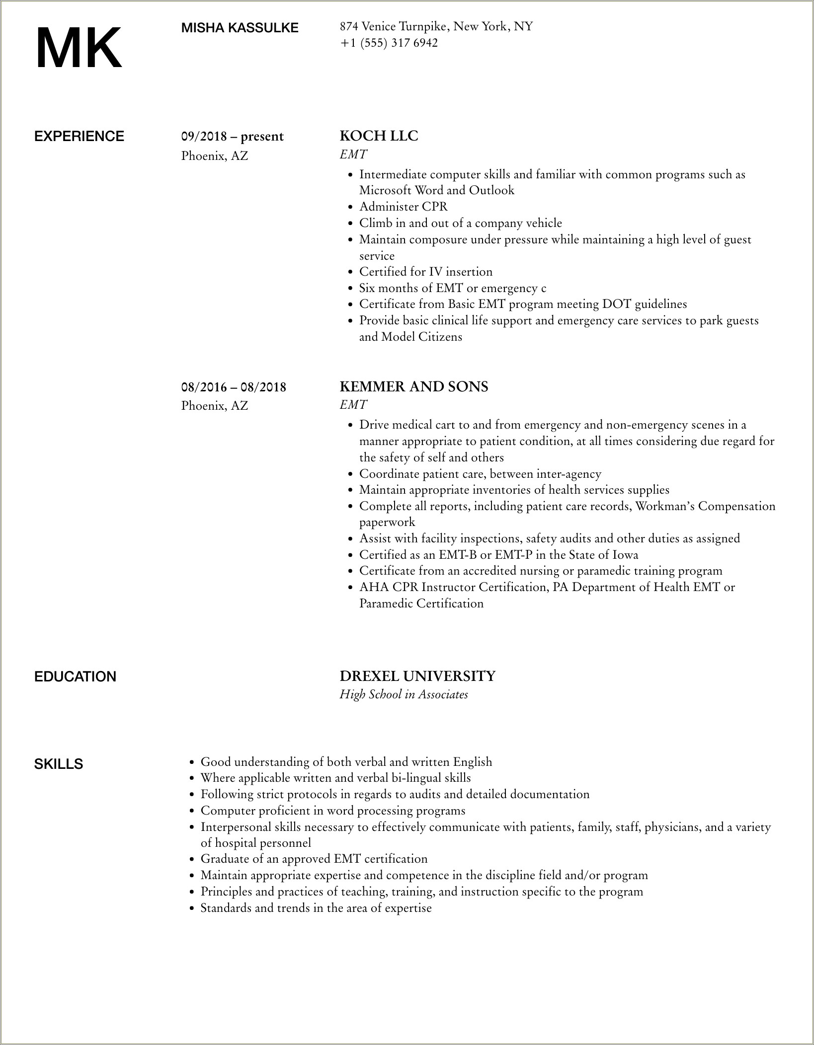 Job Description For Paramedic For Resume