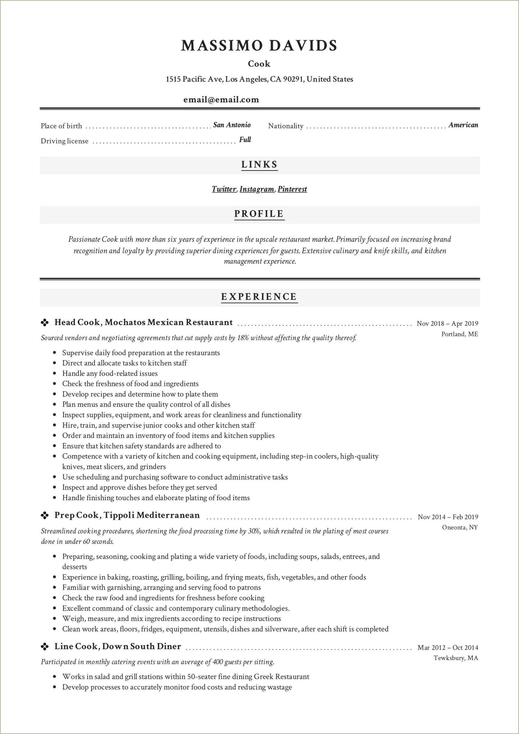 Job Description For Prep Cook Resume