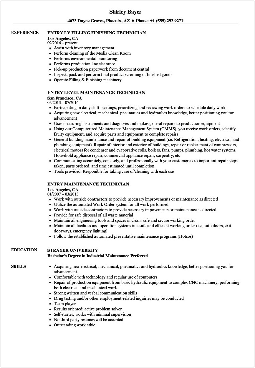 Job Description For Production Technician For Resume