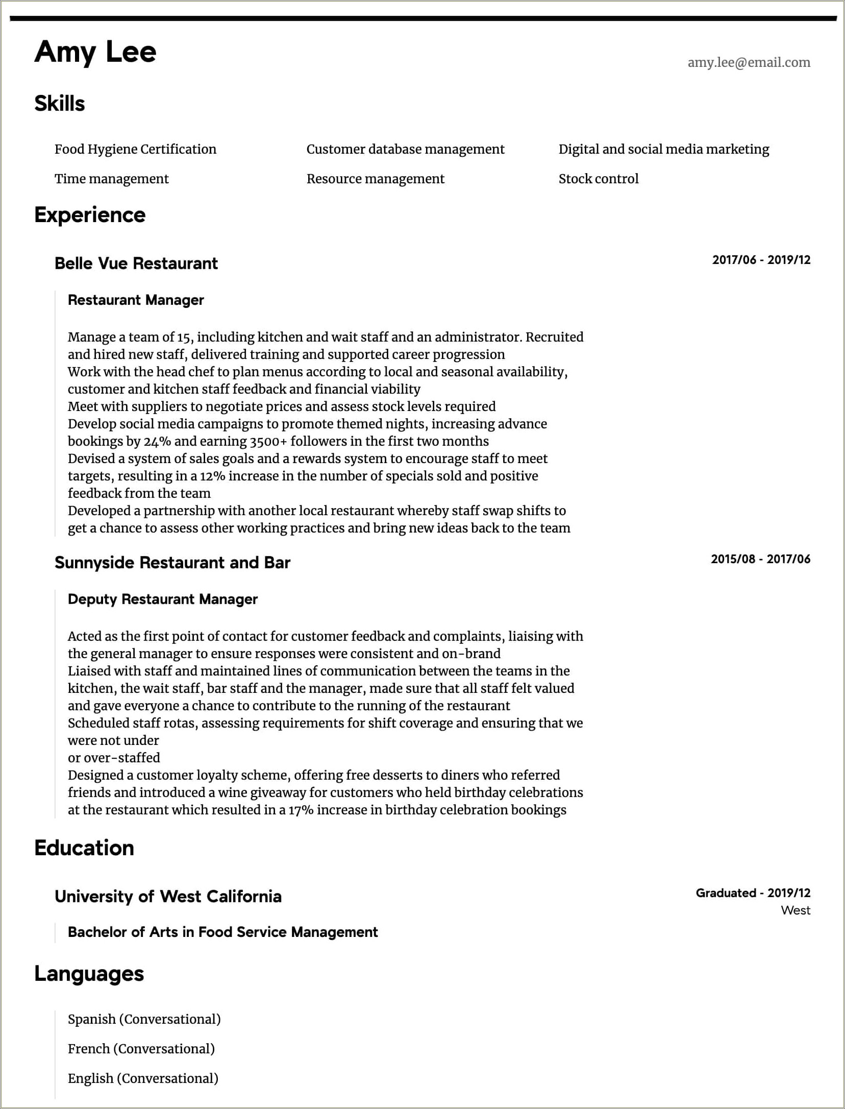 Job Description For Restaurant Manager Resume