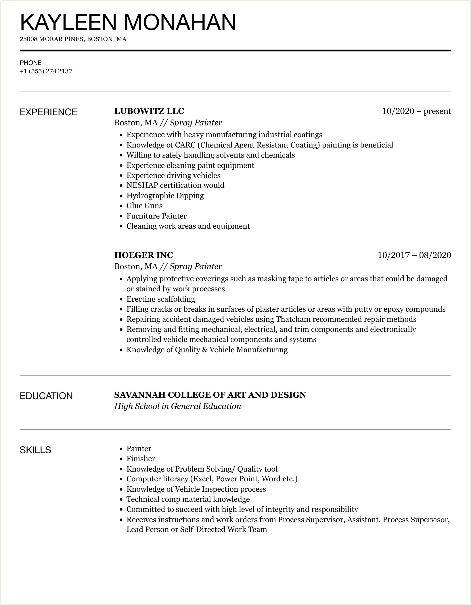 Job Description For Resume Corporate Painter