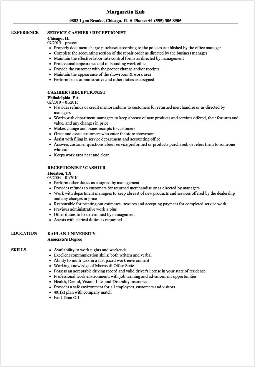 Job Description For Resume Receptionist And Cashier