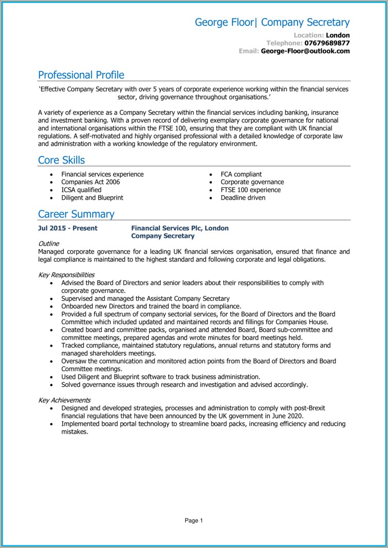 Job Description For Secretary For A Resume