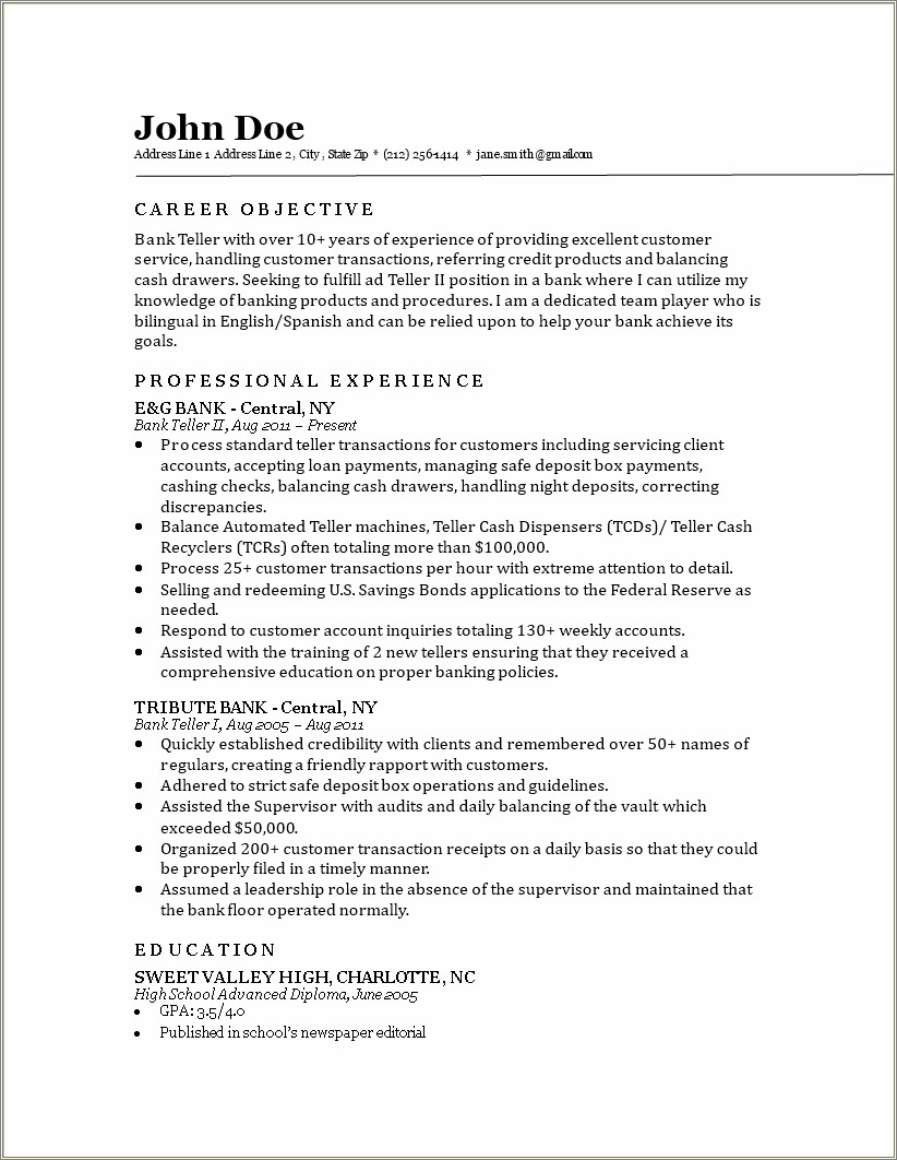 Job Description For Teller For Resume
