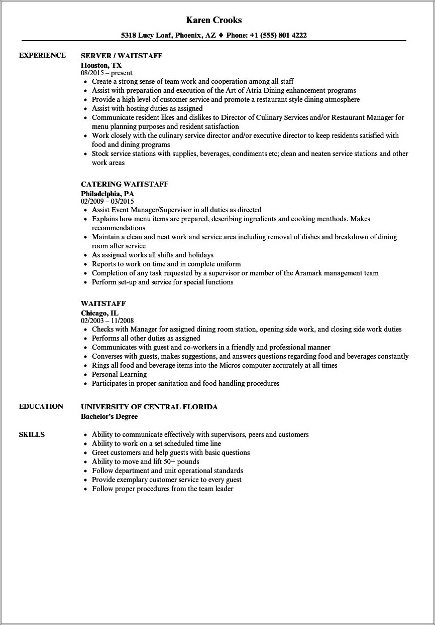 Job Description For Wait Staff On Resume