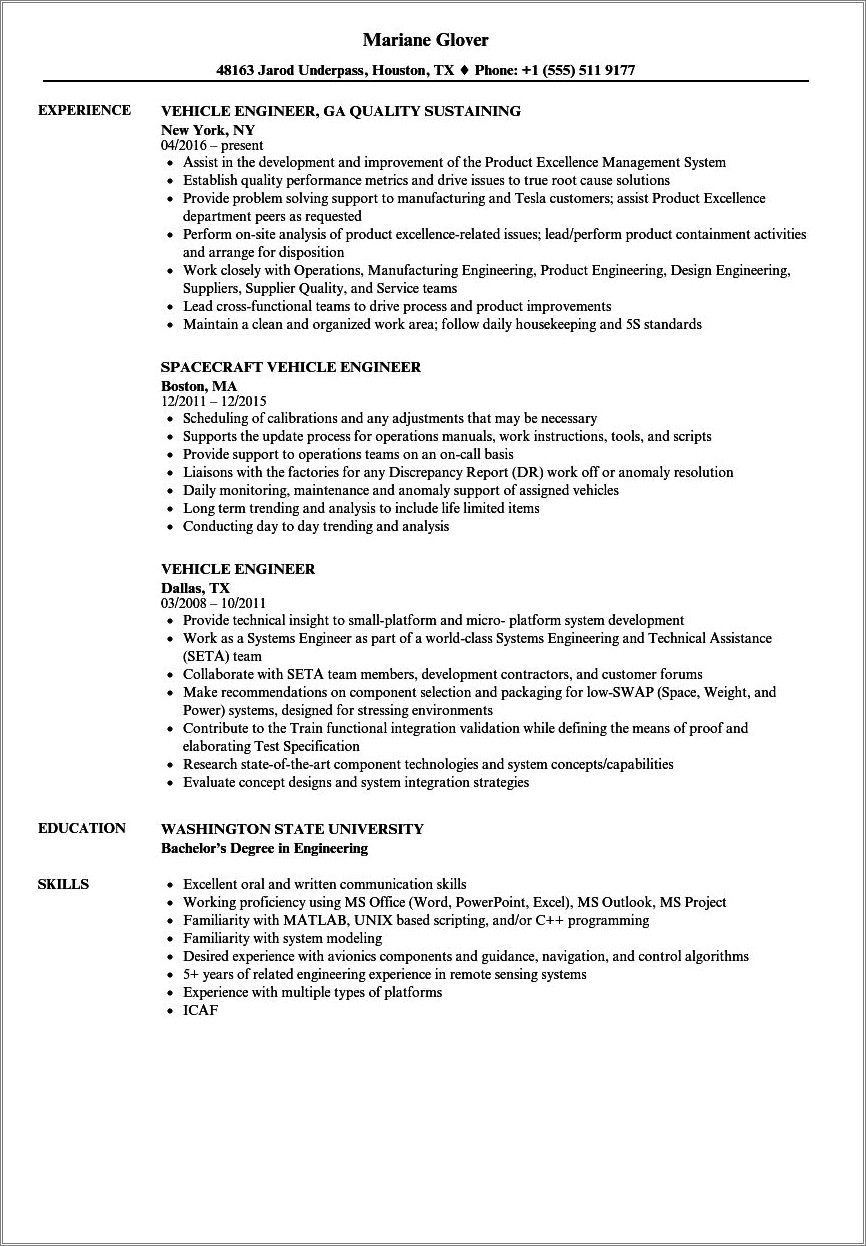 Job Description In Resume For Engineer