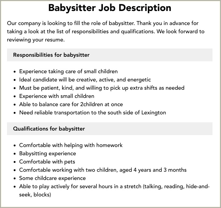 Job Description Of A Babysitter For Resume