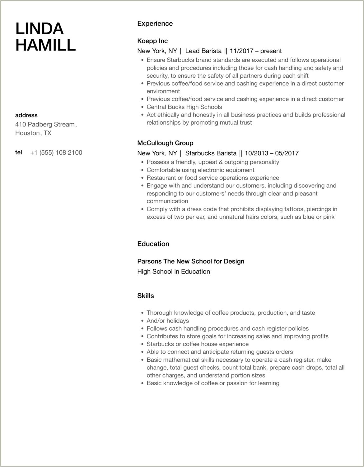 Job Description Of A Barista For A Resume