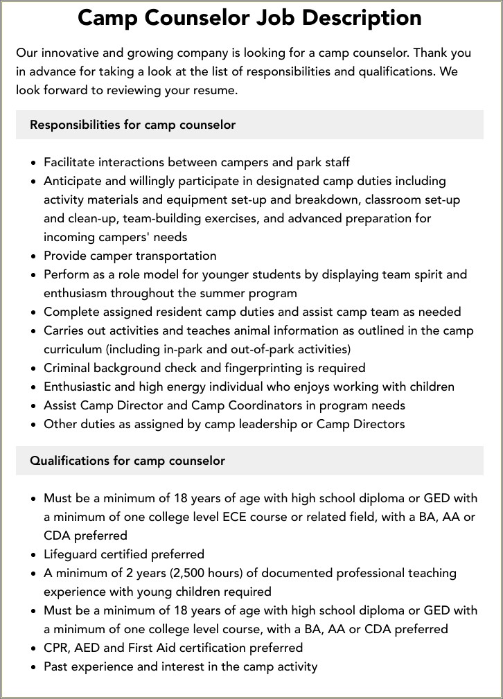 Job Description Of A Camp Counselor For Resume