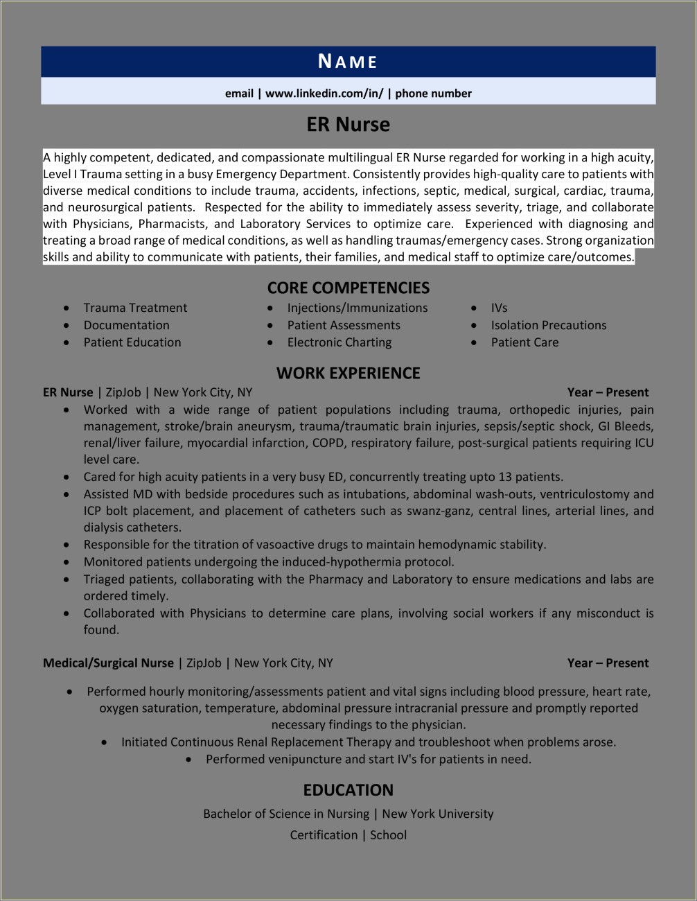 Job Description Of Ed Nurse For Resume