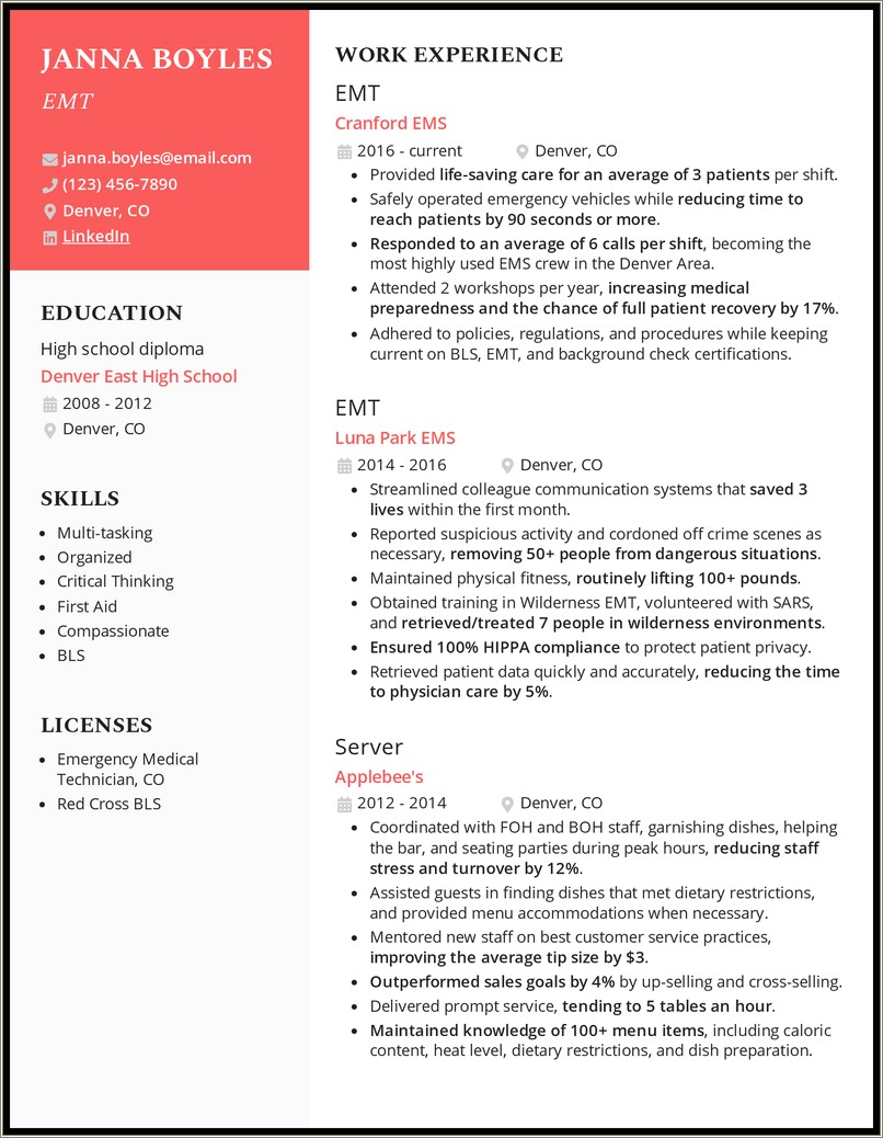 Job Description Of Emt Basic For Resume